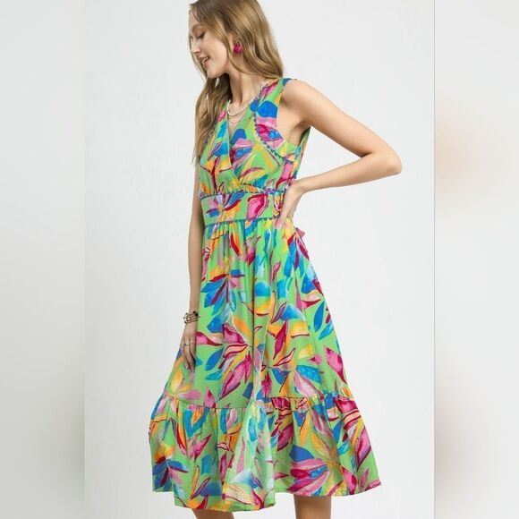 Umgee Ruffled Hem Printed Sleeveless Midi Dress Colorful Funz Small - Picture 2 of 6